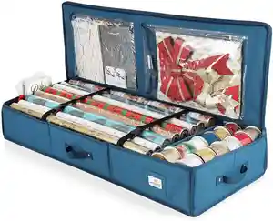 Large Capacity Folding Under Bed Christmas Gift Interior Pockets Partition Wrapping Storage Box for Gift Bags Ribbon and Bows