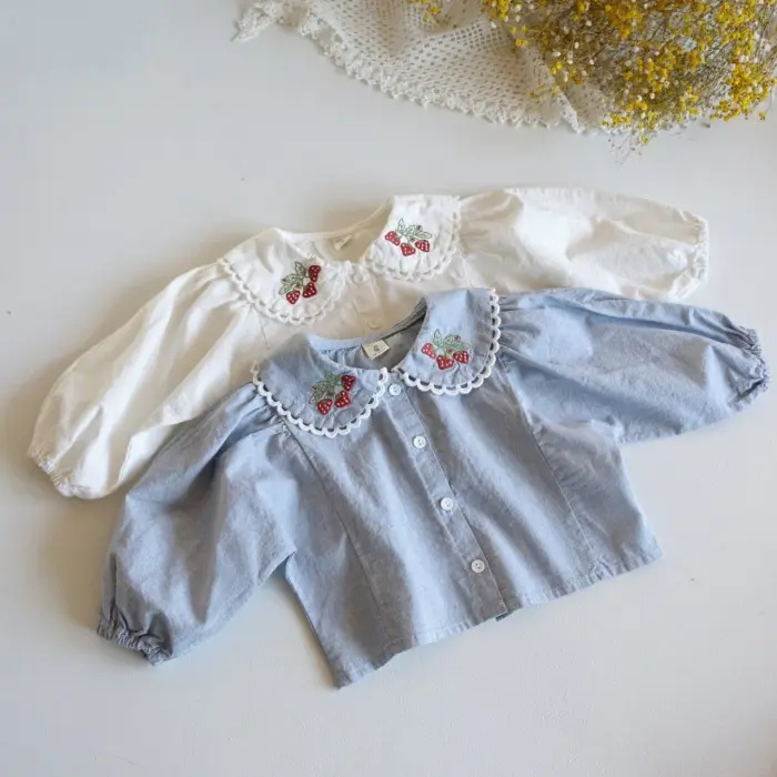 Kemeja bayi perempuan, versi Korea musim semi dan musim gugur katun murni kerah serbaguna ins lembut kasual renda kardigan untuk bayi dan yo