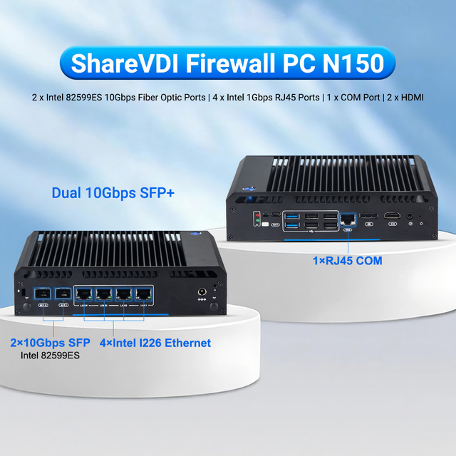 Quad Core Industrial Embedded Computer N150 2x10Gbps SFP+ Fiber 4xGigabit Ethernet 4G LTE TPM 2.0 256GB Storage 7/24 Network