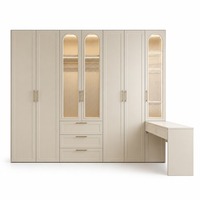 Armoire Crème avec Portes en Verre Cannelé, Coiffeuse Intégrée, Éclairage LED, 3 Tiroirs, Portes Battantes, Meuble de Chambre Personnalisé