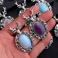 Colgante de alce de piedra de Aventurina Natural, cristal curativo, amatista, cabujón ovalado, cuenta Vintage, ciervo Sika, collar con colgante de cuerda negra