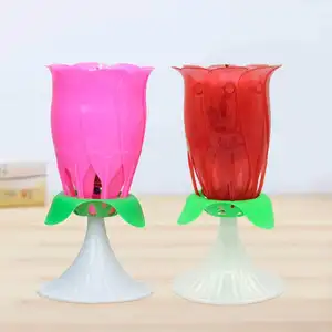 Wholesale Beautiful Round Flower Long Rotating Rose Candle Musical Happy Birthday Party Rose Shape Music Birthday Candle