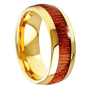 Perhiasan mode cincin emas pernikahan pria berlapis 18k tungsten tatahan kayu koa kualitas tinggi