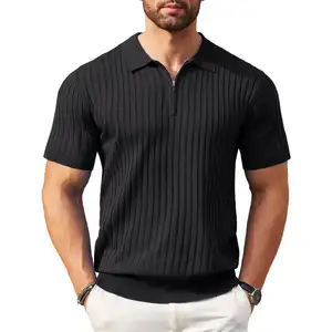 Camisetas polo de malha com nervuras de manga curta moda casual camisas polo com zíper para homens de golfe