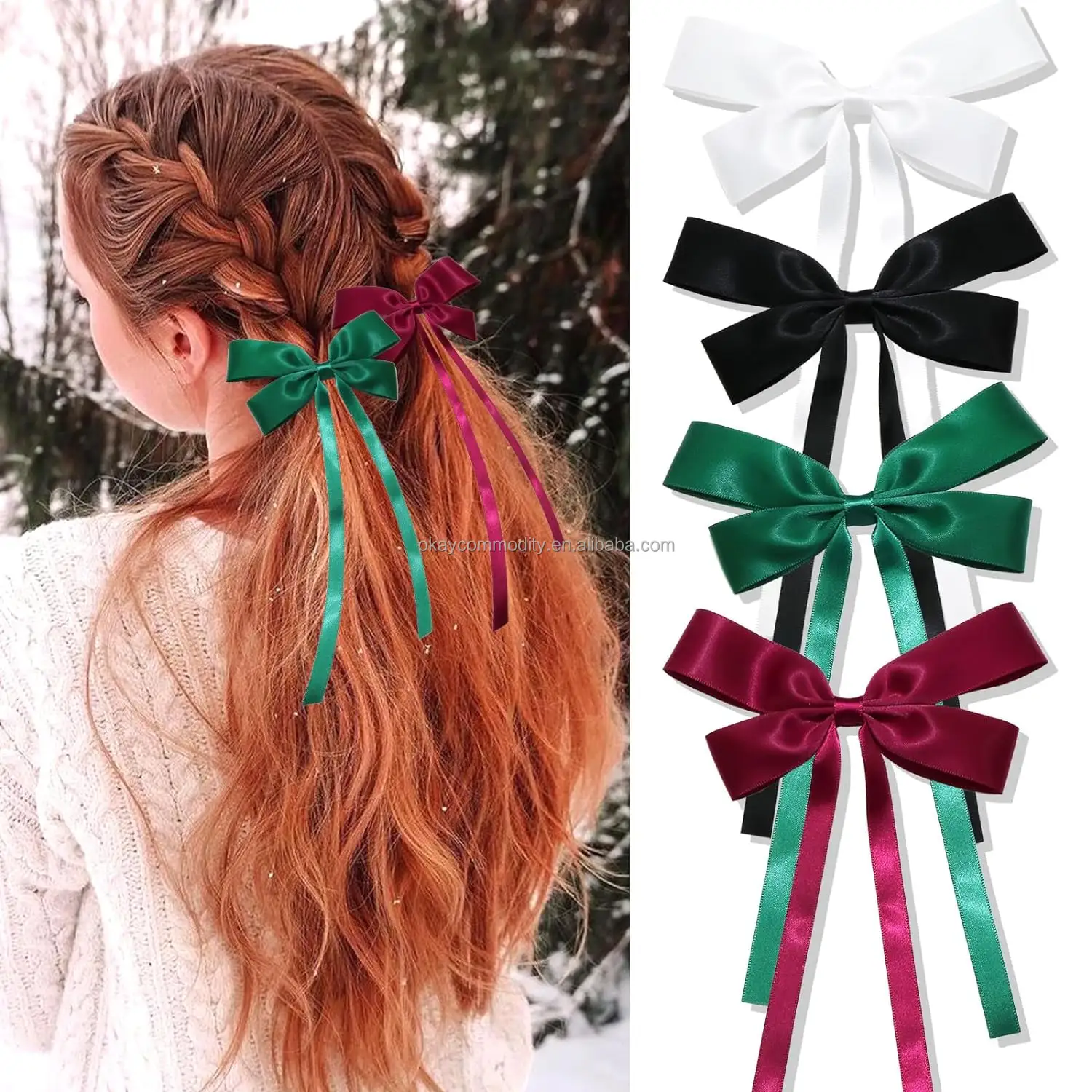 OKAY lụa tóc cung cho phụ nữ với đuôi dài tóc Ribbon barrettes kim loại Clip Bowknot thẩm mỹ phụ kiện tóc