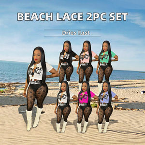 Conjunto de 2 Piezas para Mujer, Sexy, para Playa, Top Corto de Manga Corta y Pantalones Largos Ajustados con Material de Encaje Transparente para Verano - Product Image 3