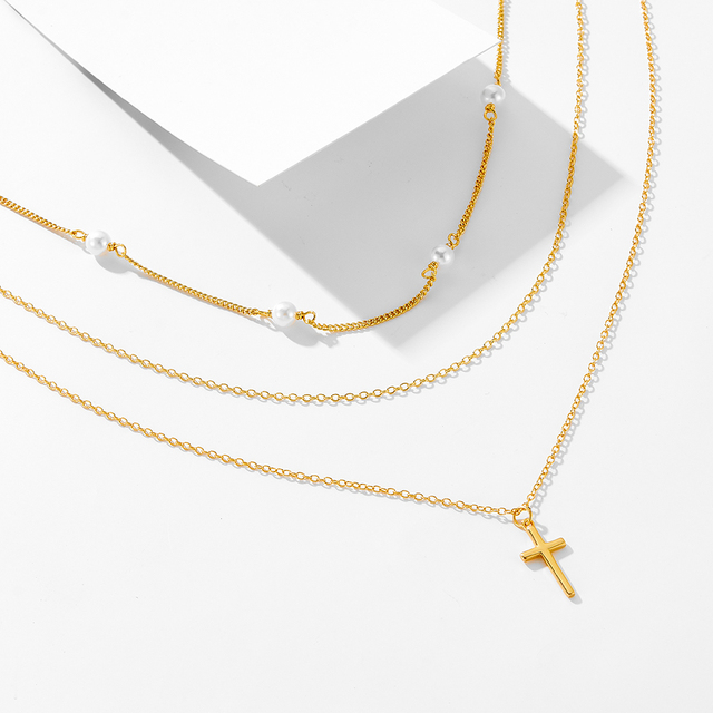 New Style Creative Cross Pendant Vintage Multi-layered Wear Pearl Clavicle Chain 925 Sterling Silver Necklaces for Women Jewelry