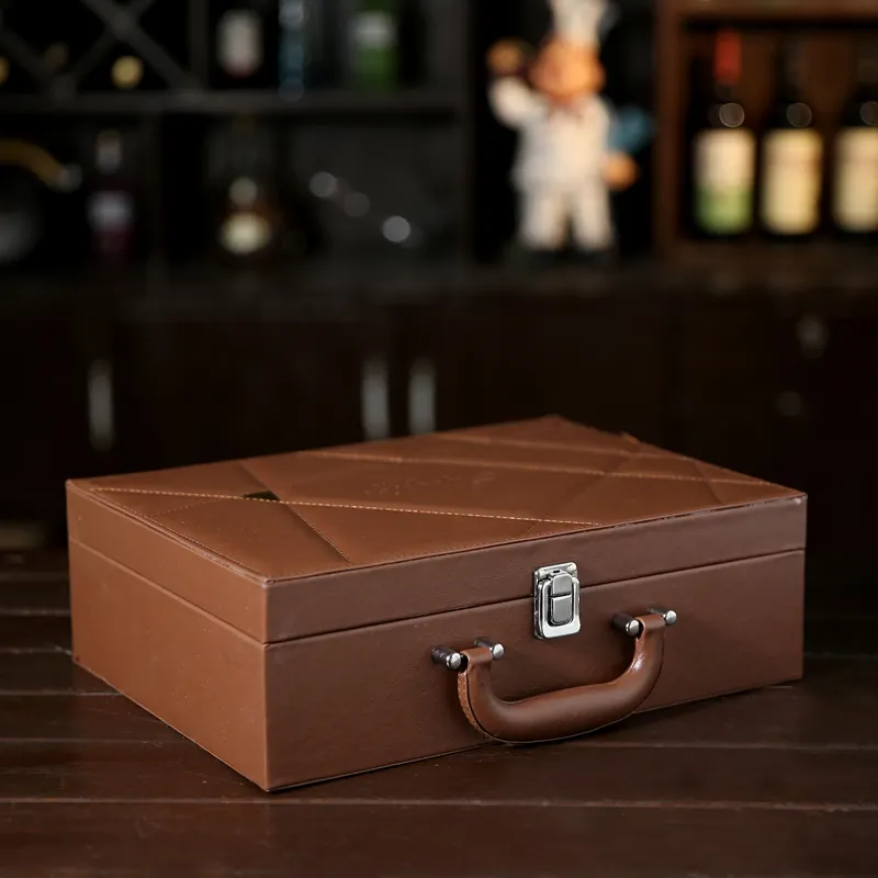 New Arglye Pattern Leather Double-vessle Red Wine Boxes Portable Wine Leather Gift Box Wooden Case With Wine Set