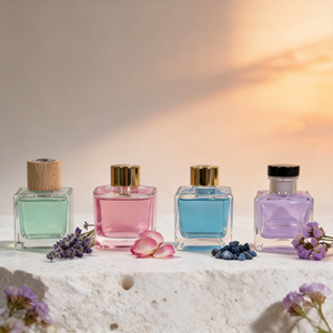Luxury Square Glass <b>Reed</b> <b>Diffuser</b> Set <b>For</b> Modern Home Decor Wholesale Private Label Premium Wooden Metallic Cap Gifting Set - Product Image 1