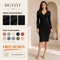 Robe en tricot opaque de qualité supérieure 280GSM, coupe ajustée, élégante, pour l'hiver, col en V, manches longues, longueur genou, pour femmes, logo personnalisé OEM