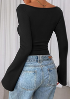 Blusa de Manga Larga con Hombros Descubiertos Estilo Coreano para Mujer, Cintura Fruncida, Manga Acampanada, Ajustada, Informal, Dulce y Elegante, Camiseta Adelgazante