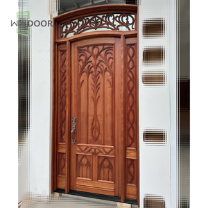 Certificering Vintage Afgewerkt Gesneden Massief Hout Enkele Voordeur Met 2 Zijruiten En Glazen Spiegel Gebogen Houten Gebogen Deur - Product Image 2