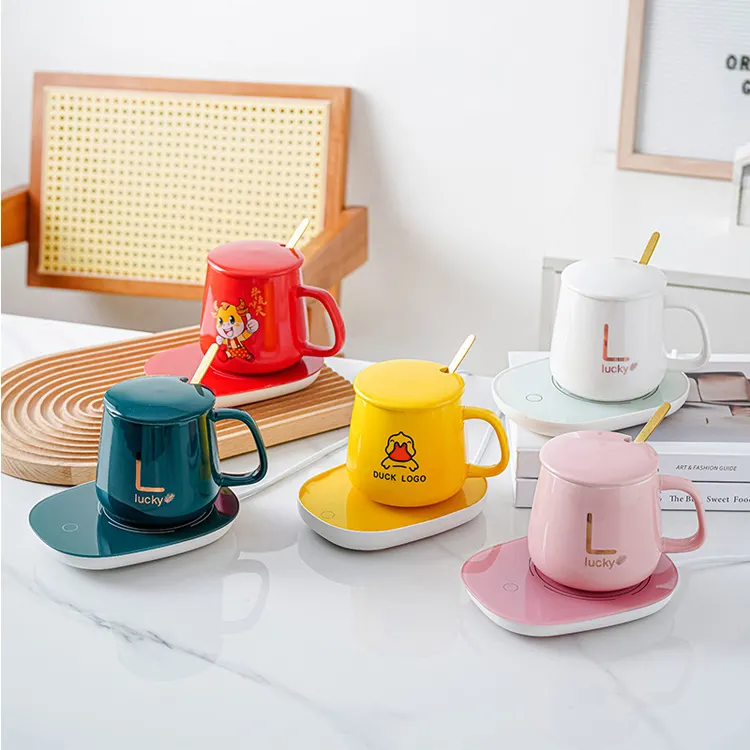 Electric Thermostatic Heating Pad Custom Porcelain Coffee Tea Cups Ceramics Usb Charging Smart Heated Mug With Heater Spoon