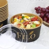 Bol Déjeuner Salade Rond en Papier Kraft Jetable Micro-ondable Imprimé Noir avec Film CPET pour Plats à Emporter, Vente en Gros, 1100 ml