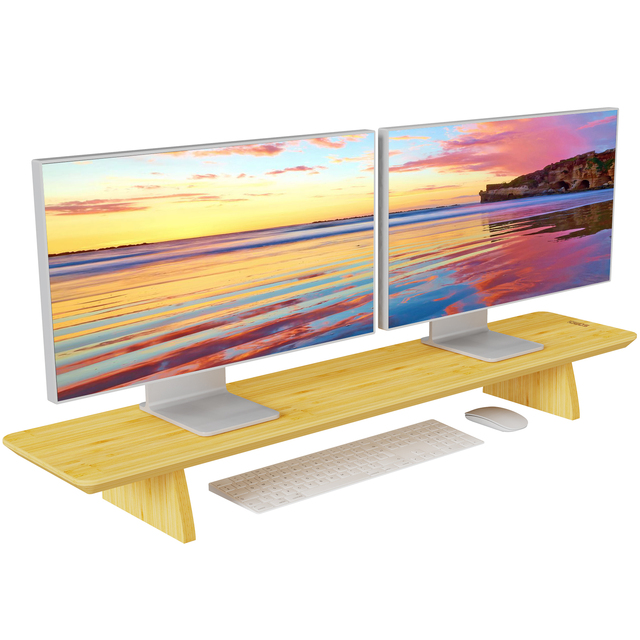 SAMDI Wooden Desk Shelf Office Dual Monitor Stand Riser Bamboo Monitor Stand