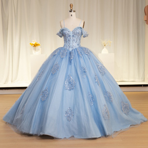 Robe de soirée bleue tendance avec fleurs 3D en relief et perles Lsyb23 - Product Image 5