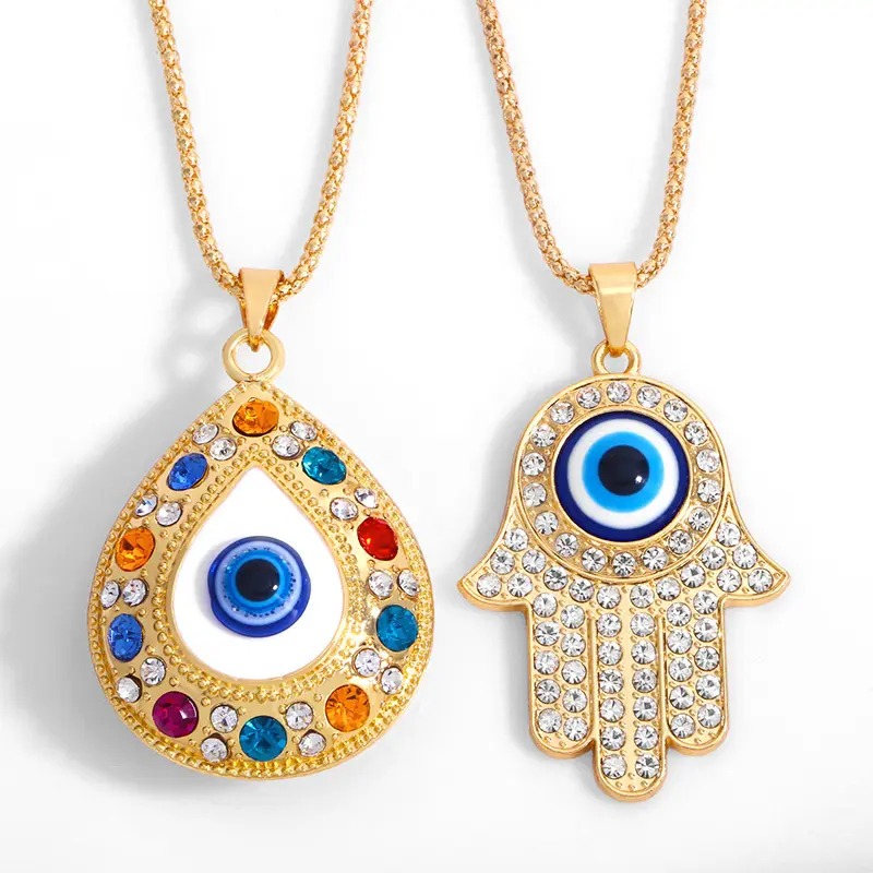 Mata biru Turki liontin mata berlian imitasi berlapis emas perhiasan kalung mata setan tangan Fatima untuk wanita