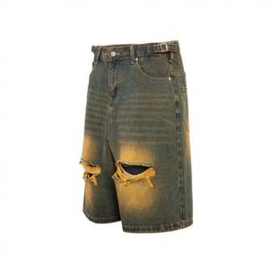 Shorts en jean vintage déchirés teints à la boue jaune, respirants, couleur contrastée personnalisée, tendance punk pour hommes - Product Image 3