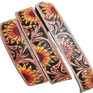 Handmade sunflower Tooled leather carving dog collars available in all sizes western design bohemian fashion style