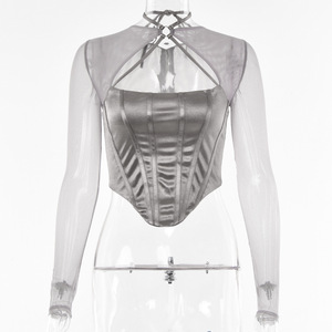 Chemisier asymétrique gris transparent à manches longues et découpes pour femme, style licou à lacets, couleur unie, en polyester, origine Yiwu FD9456 - Product Image 5