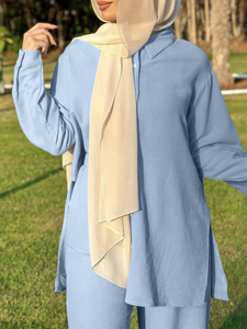 Ensemble deux pièces pour femmes, Eid musulman, chemisier et jupe, ensemble musulman, chemise à boutons simple, pantalon à jambes larges, ensembles assortis - Product Image 2