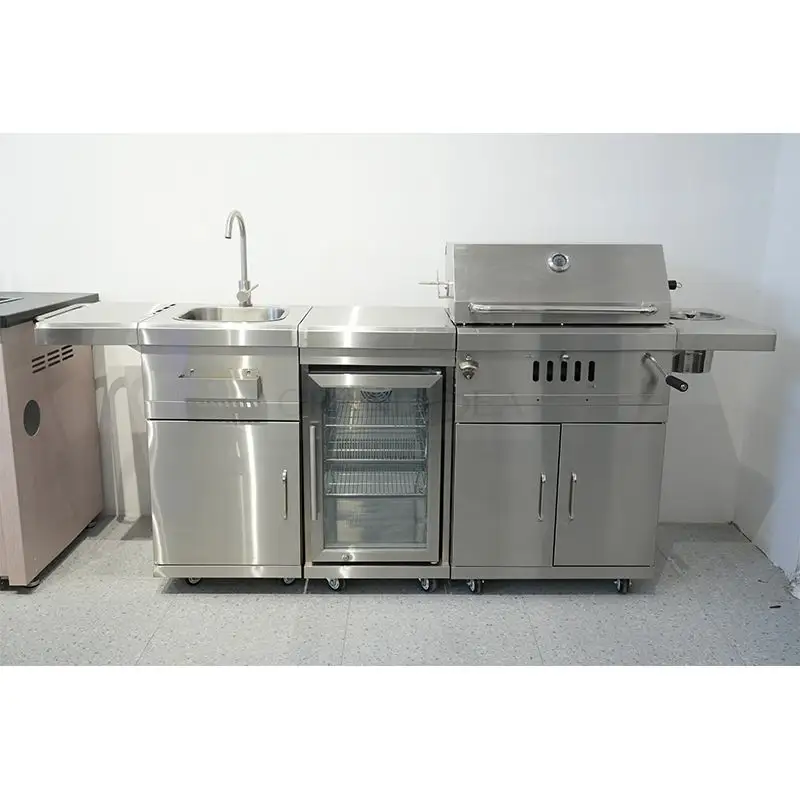 Gabinete de cocina de acero inoxidable de diseño moderno con estufa de gas y parrilla de barbacoa Gabinete de cocina de aluminio