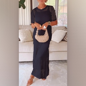 เดรสผู้หญิงคอกลมแขนสั้นลายฉลุพร้อมเดรสซับในแบบไร้สายแฟชั่นใหม่ - Product Image 4