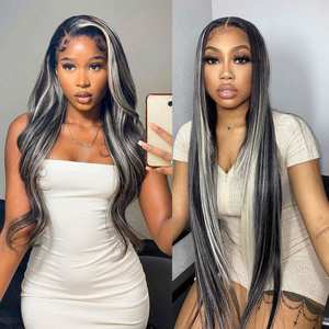 Perruque Lace Front en Cheveux Vierges Brésiliens Remy avec Dentelle Transparente Sans Colle pour Couleurs Gris et Noir Naturel, Texture Body Wave - Product Image 4