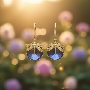 Orecchini pendenti a forma di libellula con gemma blu, placcati oro antico, con montatura a castone, gioielli da festa alla moda da donna E4109 - Product Image 2