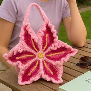 Borsa Tote Quadrata da Donna e Ragazza in Lana Lavorata a Uncinetto Fatto a Mano con Gigli, Chiusura Aperta, Tracolla Singola, Stile Casual e Bohémien - Product Image 3