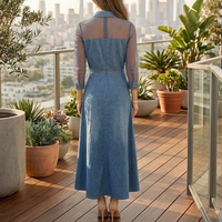 Robes longues pour femmes personnalisées, style vintage, coupe trapèze, taille haute, avec poches boutonnées, en denim et maille transparente, couleur unie, à revers et empiècements