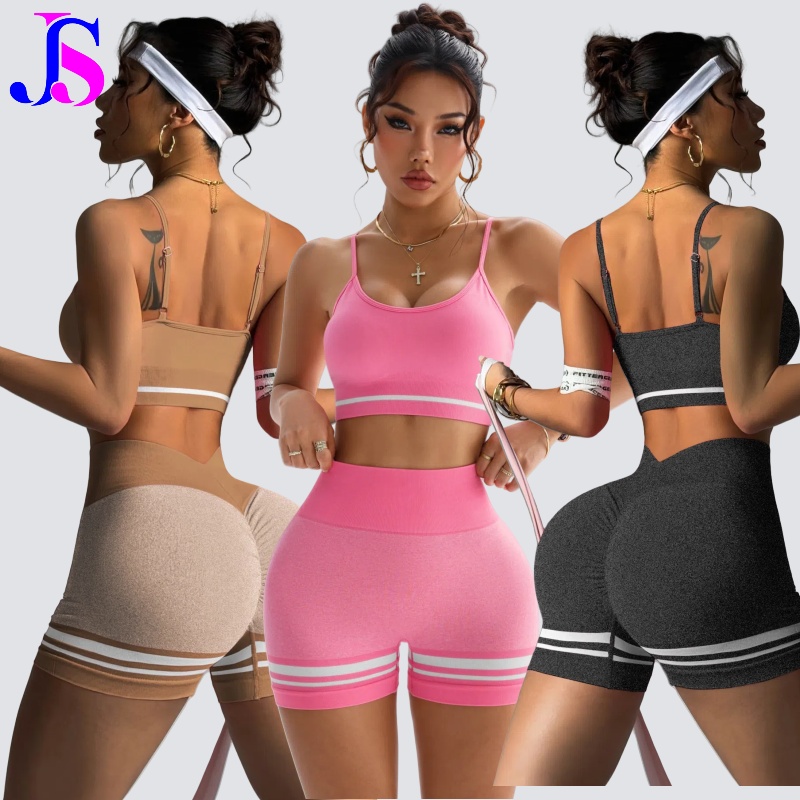 JINSI 2PCS Contrast Color Sports Set Quick-Drying Gym Set Yoga Suit Running Sport Backless Bra+Striped Shorts Yoga Set