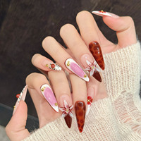 Design # 2927 Faux Ongles Longs de Luxe pour Femmes, Stiletto, Fleurs 3D en Gel, Cerises Mignonnes, à Presser, Faits Main, 10 Pièces, Ongles Français Artificiels