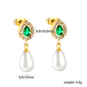 Pendientes de Moda con Imitación de Perla y Esmeralda en Forma de Lágrima, Chapados en Oro, Joyería para Fiestas, Accesorios para Mujer - Product Image 4