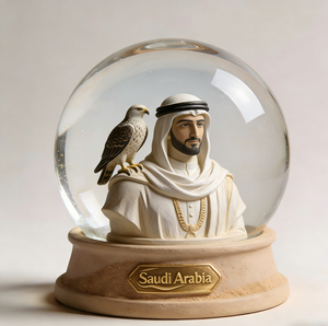 Souvenir Turistici dell'Arabia Saudita in Resina Personalizzata, Globo di Neve con Figure di Cammello Dromedario, Orso Arabo, Falco e Palma da Dattero - Product Image 1