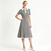 Robe chemise mi-longue pied-de-poule noire et blanche pour femme - Robe décontractée formelle à demi-manches boutonnée sur le devant