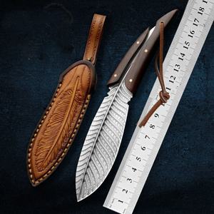 Couteau de chasse industriel en acier inoxydable SS226 DIY OEM Feather, lame fixe pleine longueur, manche en bois pour la randonnée, fourreau en cuir pour le bushcraft - Product Image 4