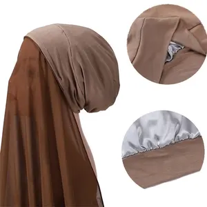 Yeni Trendy düz İslami müslüman kadınlar şifon şal kapak Turbante kafa saten kaplı Bonnets ile anında düz şifon başörtüsü