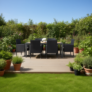 Conjunto de Comedor Rectangular Moderno para Exteriores, 8 Plazas, Muebles de Jardín de Ratán, Mesa y Sillas de Patio con Estructura de Metal Negro - Product Image 2