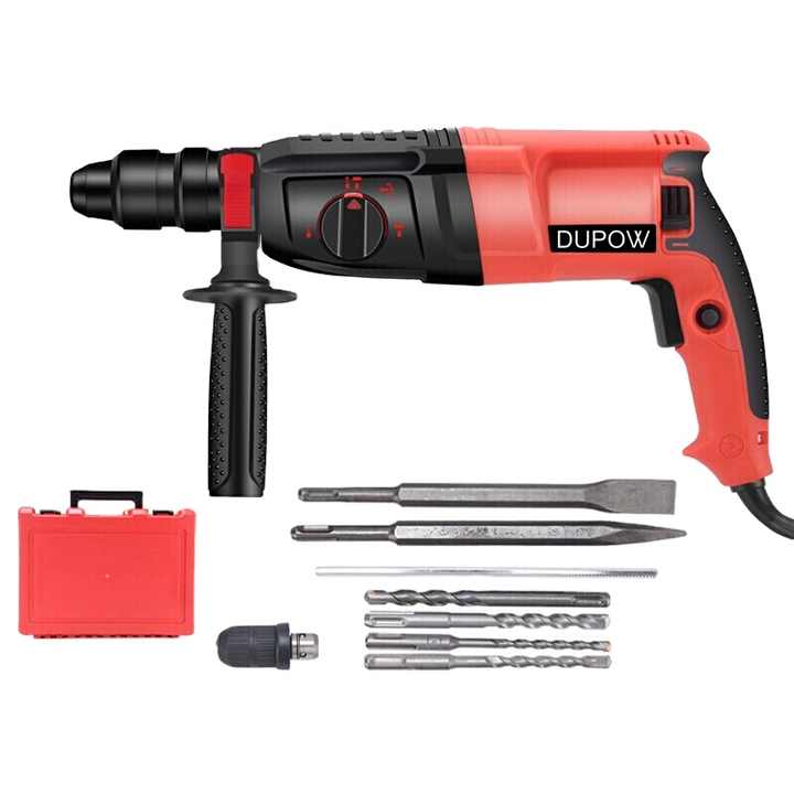 NUZEKY 1-1/4" SDS-Plus Rotary Hammer Drill – 800W Heavy Duty With Safety Clutch, 4 Functions, Adjustable 360° Handle, Includes Chisels, Grease, And Drill Bits