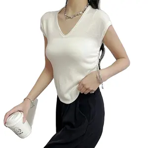Guangzhou Supplier Custom Women Fashion Tshirt White Black Blank Colors Ladies Knitted Wool 2024 Sublimation Designer T-shirts