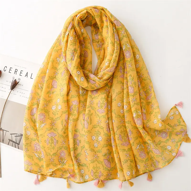 Manufacturer custom bright yellow printed vintage long large scarves boho floral print cotton voile hijabs scarf shawls women