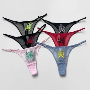 Girl fancy low-waisted exquisite scorpion butterfly embroidery transparent string bikini thongs and g string