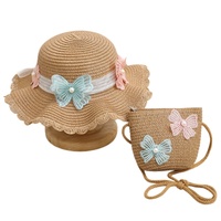 Nouveauté 2026 : Ensemble Chapeau de paille souple et mignon pour enfants, idéal pour l'été, la plage et les fêtes, avec sac à main rayé en dentelle, pour les voyages en extérieur