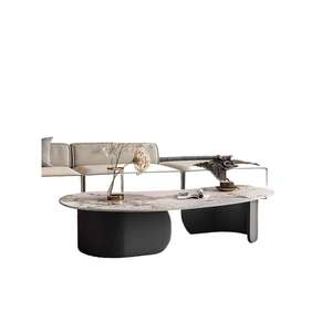 Table basse moderne en dalle noire avec plateau en métal de forme irrégulière pour salon - Product Image 5
