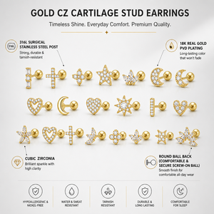 Joyería de acero inoxidable personalizada con zirconia, túnel para piercing, chapado en oro de 18K, hipoalergénico, clásico, 8mm, para helix y tragus, al por mayor - Product Image 2