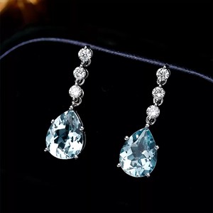 Eleganti <span class=keywords><strong>Orecchini</strong></span> Pendenti in Argento Sterling 925 Placcato Oro 18K con <span class=keywords><strong>Acquamarina</strong></span> a Goccia e Zirconi - Product Image 6