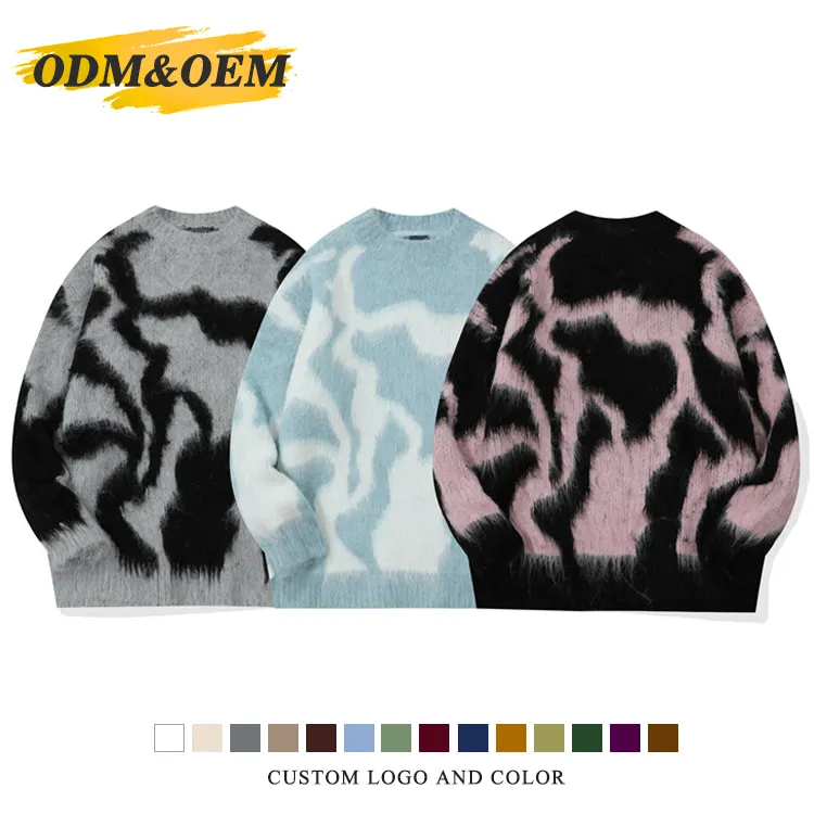 Personalizzato Oem ODM uomo Mohair lavorato a maglia oversize Jacquard Pullover maglioni Mohair maglieria girocollo maglione sfocato