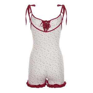 Combinaison Courte Tricotée Respirante Anti-statique à Bretelles Fines et Volants, Taille Basse, Motif Floral Colorblock pour Femme - Product Image 6
