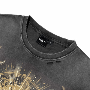 <b>Men's</b> Vintage Spray Wash Distress Cotton Oversized Tees <b>Steampunk</b> Antlers Watch Print High Quality Breathable T-Shirts - Product Image 4